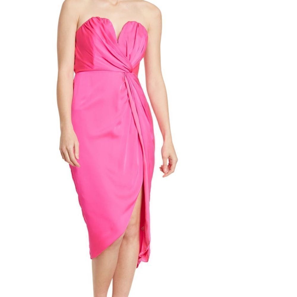 DO + BE | Side Twist Slit Dress in Hot Pink Faux Wrap Strapless Midi Women’s S
